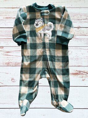 Carter’s Baby Boy 3 Month Green Plaid Puppy Print Fleece Footie Pajama